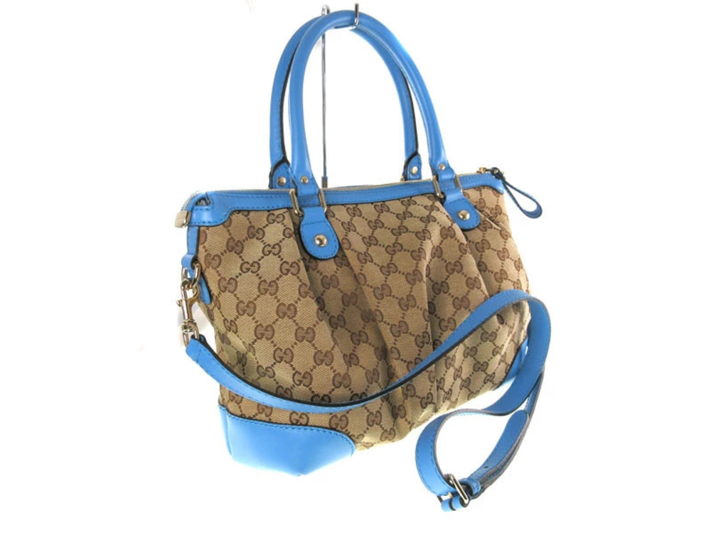 Gucci Shoulder Leather Bag Blue Canvas Beige Handbag